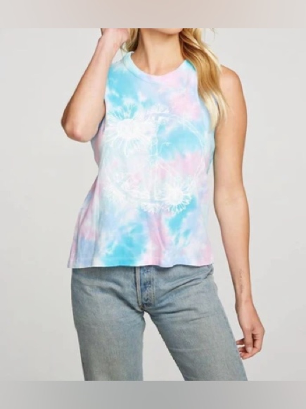 NWT Anthropologie Chaser Tie-Dye Sunflower Peace Tank Top in Blue/Pink Sz M